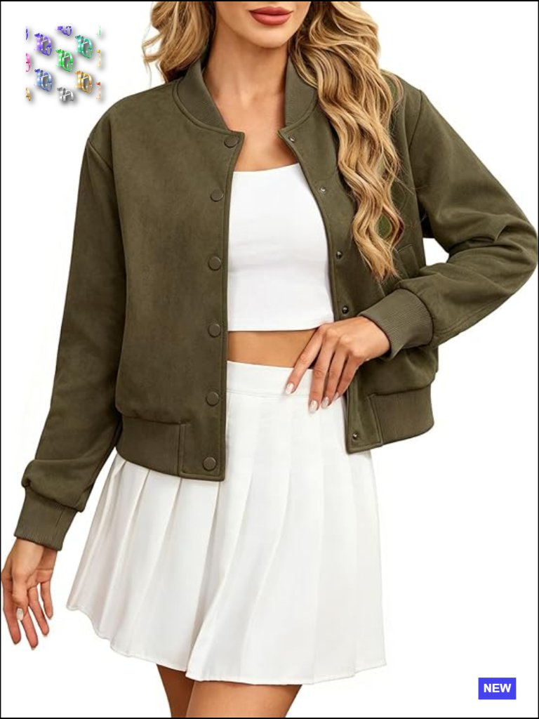 Faux Suede Cropped Bomber Jacket Button Down Casual Short Varsity Coat